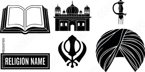 Sikhism religion symbols with turban kirpan and golden temple vector illustration