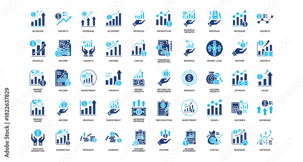 Fototapeta premium Economy revenue icon set collection. Containing economics, invest, sales, increase, arrows, loss, profit .Solid vector icons collection