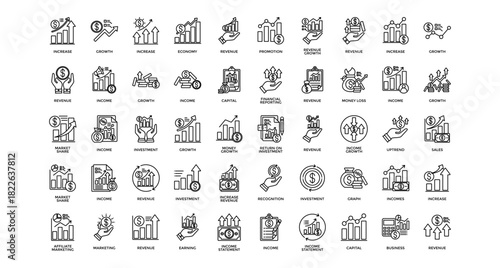 Economy revenue icon set collection. Containing economics, invest, sales, increase, arrows, loss, profit .Line vector icons collection