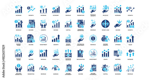 Economy revenue icon set collection. Containing economics, invest, sales, increase, arrows, loss, profit .Solid vector icons collection