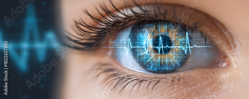 Close up human eye with digital heartbeat reflection, technology and health concept, futuristic blue interface, innovation, vision, and biometric security