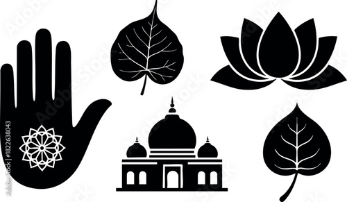 Spiritual symbols with hand lotus flower sacred leaf and temple silhouette