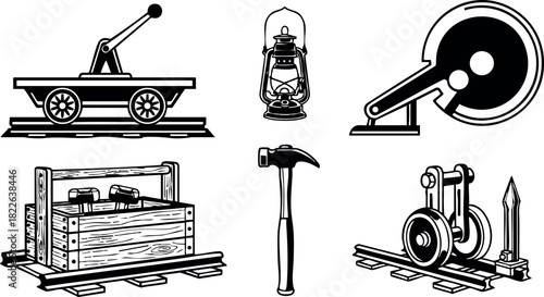 Vintage industrial tools and equipment collection illustration