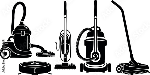Vector illustration of various vacuum cleaners in black silhouette style