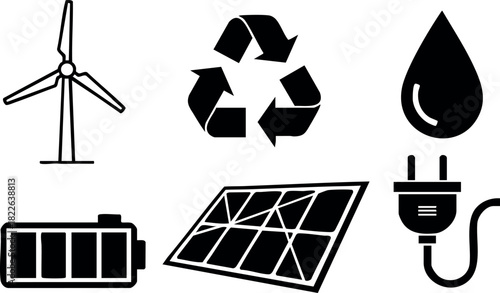 Renewable energy icons including wind turbine solar panel battery plug and water drop vector