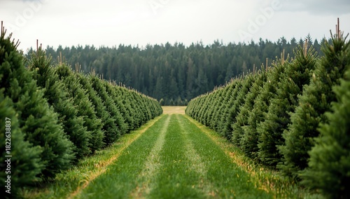 Christmas tree plantation with rows of evergreen fir trees growing on a rural farm