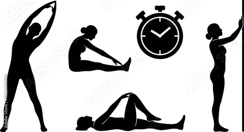 Silhouette fitness exercise poses with stopwatch vector illustration