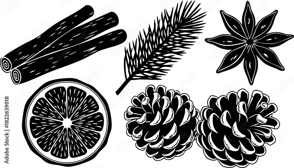 Naklejka premium Black and white vector illustration of cinnamon sticks pine branch star anise orange slice and pine cones