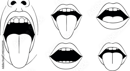 Vector illustration of open mouths with tongues showing in black and white