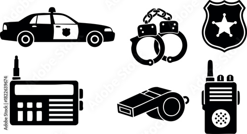 Police car handcuffs badge radio whistle and walkie talkie icons