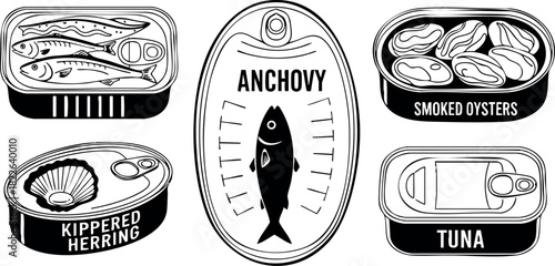Black and white vector illustration of canned seafood including anchovy kippered herring smoked oysters and tuna