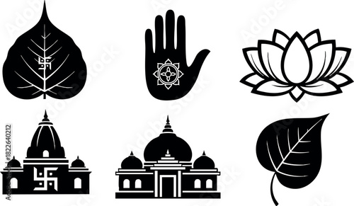 Black silhouette icons of sacred leaves hand lotus flower and temple symbols