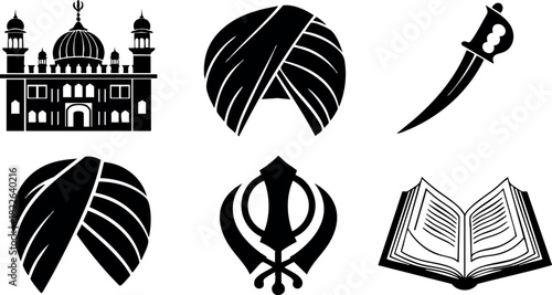 Sikh religion symbols including gurdwara turban kirpan khanda and holy scripture