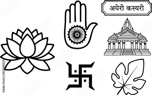 Indian culture symbols lotus hand temple swastika leaf vector illustration