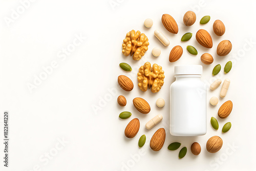 Brain health supplements with nuts and blank bottle on white