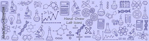 Science Lab Icons Pattern Hand Drawn Illustrations Featuring Microscopes Beakers Molecules Calculators DNA and