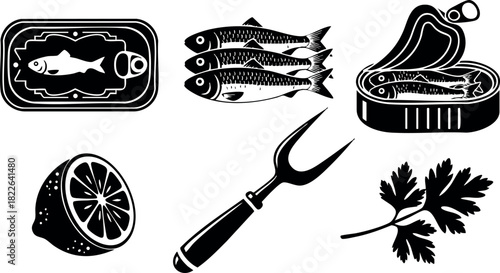 Black silhouette vector set of canned fish lemon fork and parsley herbs