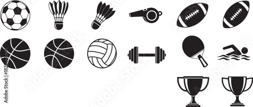 Collection of sports equipment icons in black and white vector illustration