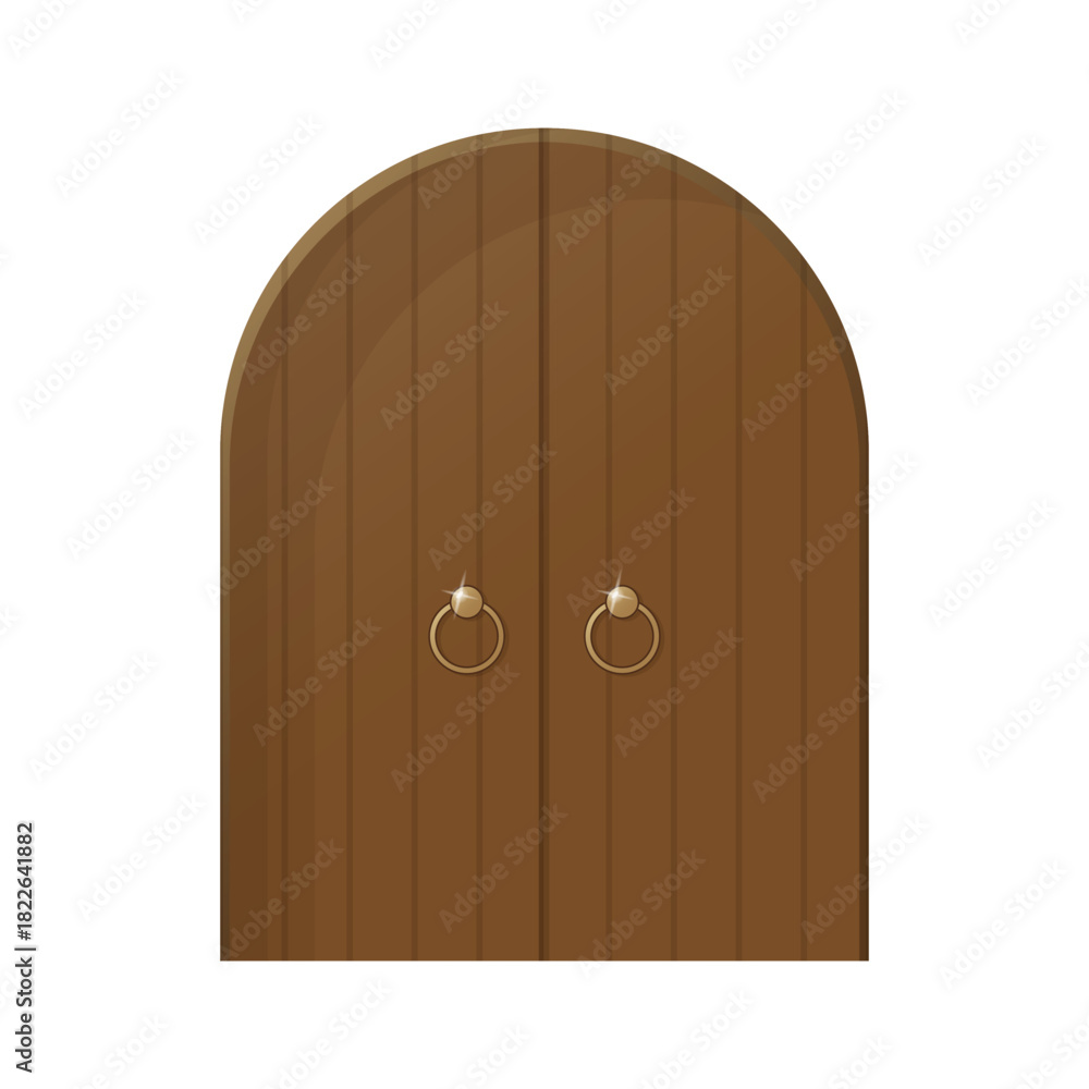 Fototapeta premium Enchanted wooden castle door with elegant round arch design, featuring two decorative metal rings, inviting exploration into a magical realm filled with adventure and wonder
