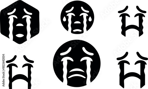 Crying face emoticons with tears flowing in black silhouette style