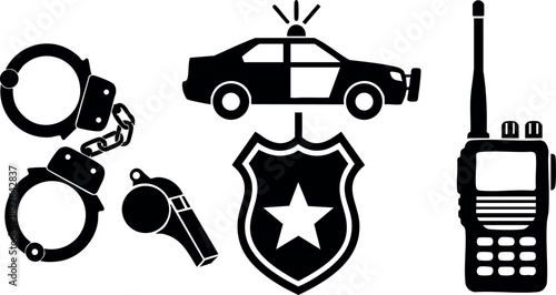 Police equipment vector illustration with handcuffs whistle badge radio and patrol car