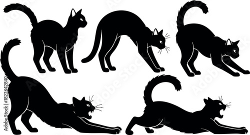 Black cat silhouettes in various poses vector illustration