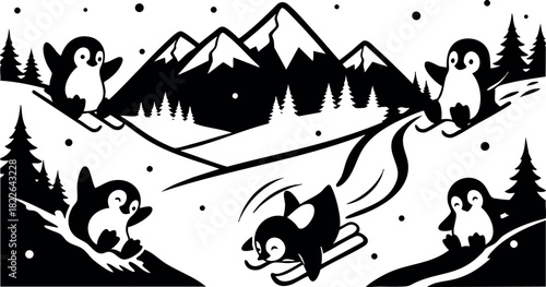 Penguin landscape with mountains and forest vector illustration
