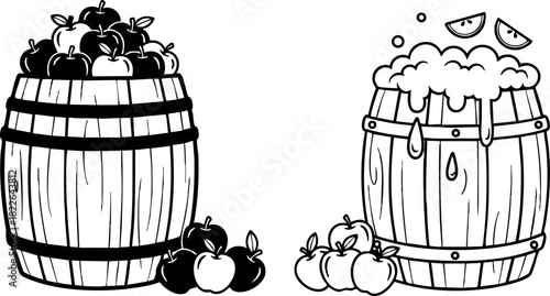Wooden barrel with apples and frothy cider vector illustration