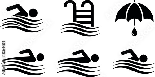 Swimming icons set with pool ladder and umbrella symbol