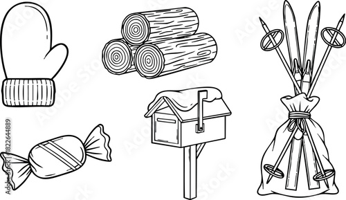 Winter glove logs mailbox candy and skis vector illustration