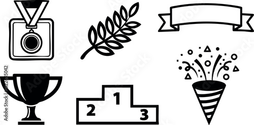 Award medal trophy podium celebration icons vector illustration