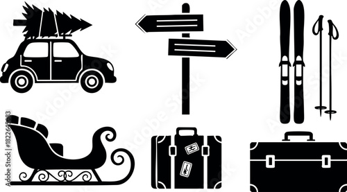 Winter travel icons car sleigh skis luggage and direction signs