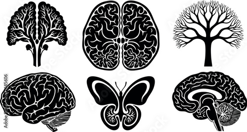 Black silhouette brain butterfly and tree vector illustration