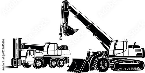 Construction crane and excavator machinery silhouette vector