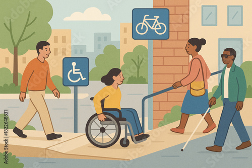 Colorful illustration of diverse individuals navigating an accessible urban sidewalk with ramps and mobility aids.