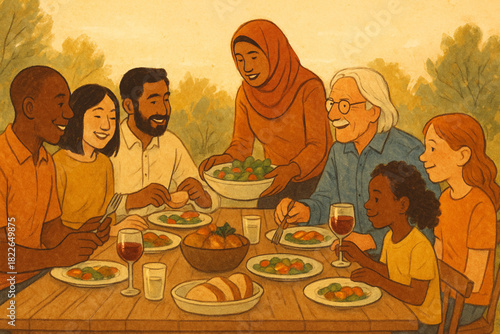 Colorful illustration of diverse people sharing a meal outdoors, celebrating unity, culture, and togetherness.