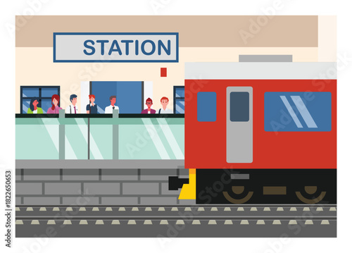 Commuter train arrived in railway station platform full of passengers. Simple flat illustration