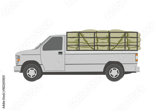 Pick up car carrying goods. Side view. Simple flat illustration.