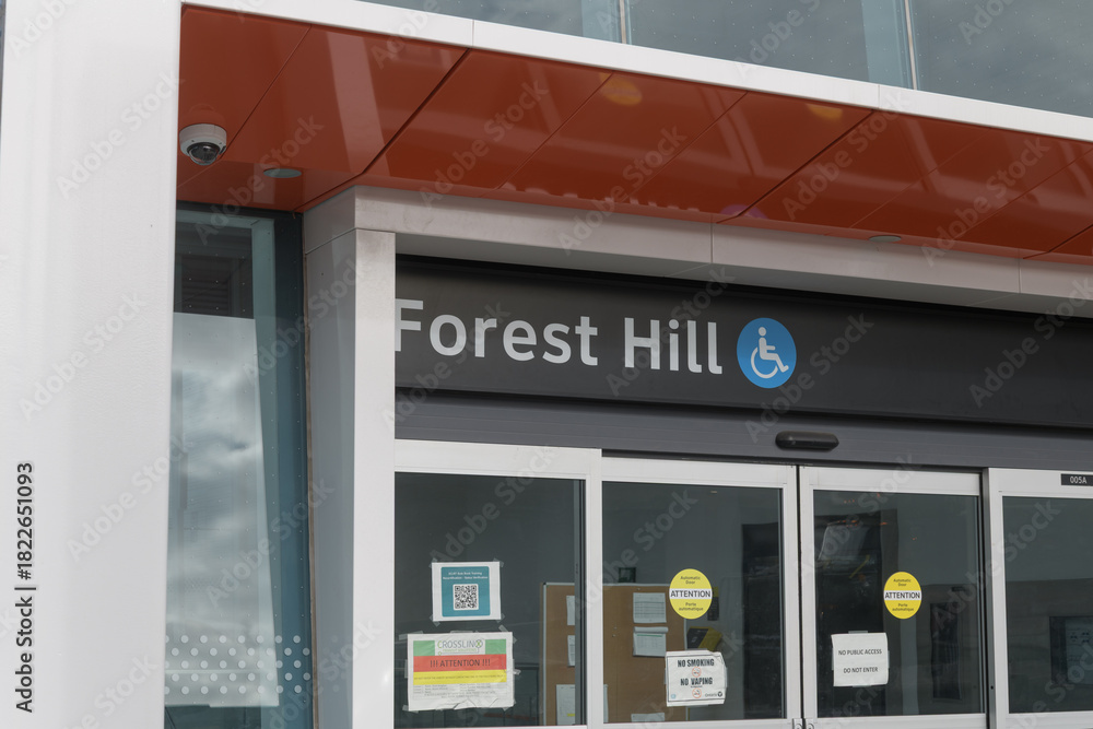 Obraz premium exterior entrance facade and sign at Forest Hill LRT Station, Eglinton Crosstown, located at 842 Eglinton Av W, Toronto