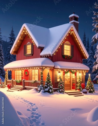 Wallpaper Mural A cozy, snow-covered cabin adorned with festive Christmas lights and trees under a starry night sky. Torontodigital.ca