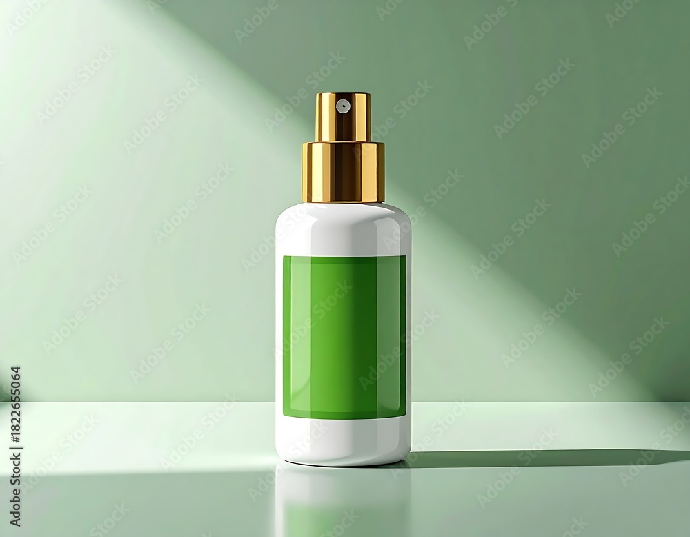 Naklejka premium A white cosmetic spray bottle featuring a vibrant green label and a luxurious gold cap, set against a serene green background with stylish shadows from a window