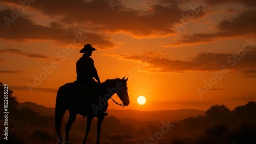 Cowboy silhouette riding a horse against a golden sunset sky, classic western scene with dramatic orange and yellow clouds, distant hills and rugged landscape in the background, tranquil evening atmos
