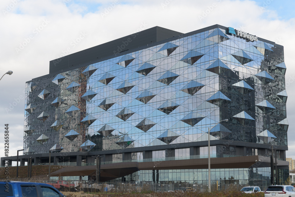 Fototapeta premium exterior facade of H.H. Angus and Associates Ltd, an engineering consultant, located at northwest corner of Don Mills Rd and 1176 Eglinton Av E, Toronto