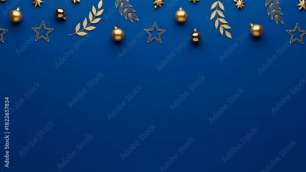 Fototapeta premium Golden christmas baubles and stars border on classic blue backdrop.