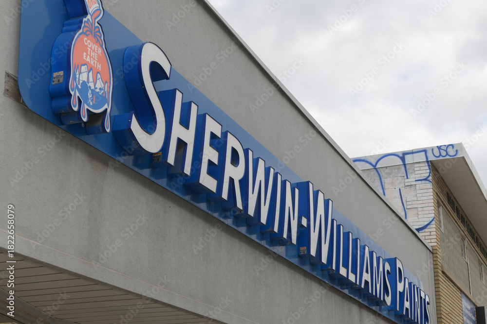 Fototapeta premium exterior building facade and sign of Sherwin-Williams Paint Store located at 820 Eglinton Av E, Toronto