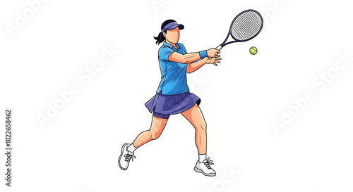 Dynamic tennis player swings racket powerfully in match illustration style