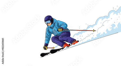 Stylish skier gliding down a snowy slope on a winter day