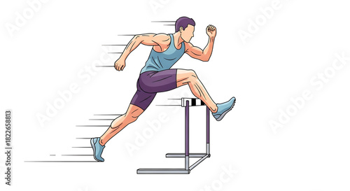 Dynamic Hurdler Leaping Over Barrier with Speed and Agility in Illustration
