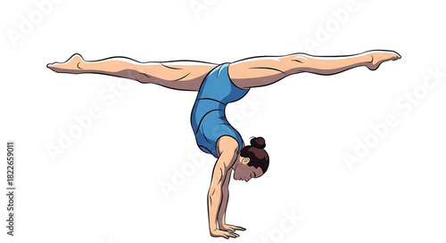 Female gymnast in handstand split, cartoon style on white background