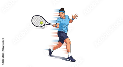 Female tennis player striking ball powerfully with racket in motion